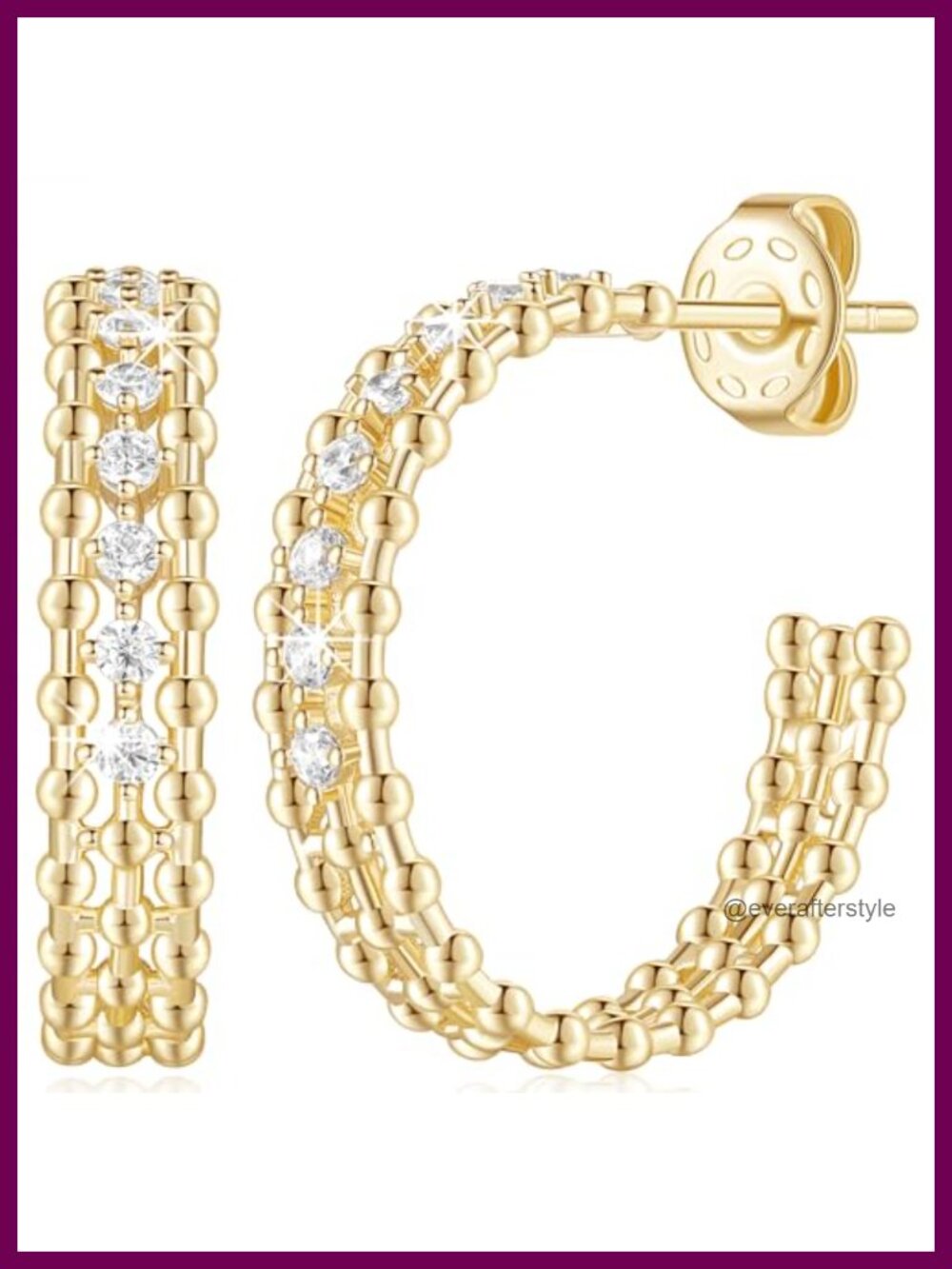 14k Gold Plated Hoop Earrings C-Shaped Cubic Zirconia Push Back